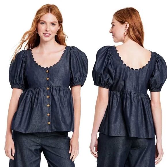 Kika Vargas X Target blue Puff Sleeve Button up chambray scallop plus Top 2X - Picture 1 of 8